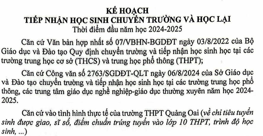 Kế hoạch tiếp nhận học sinh chuyển trường và học lại năm học 2024 - 2025